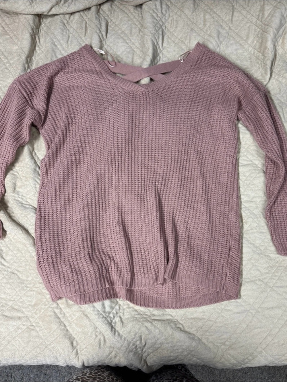 Waffle Knit V-Neck Sweater with Back Strap in Mauve